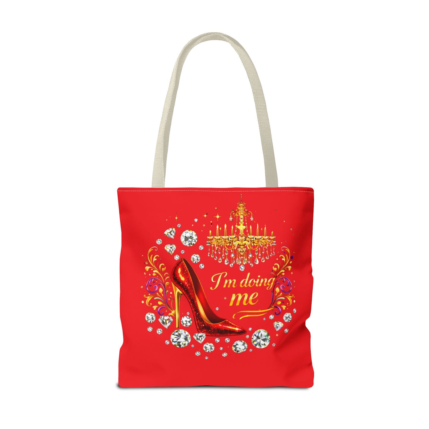 Red 'I'm Doing Me' Tote Bag — Glam High Heel & Chandelier Design