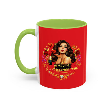 Coffee Mug — "In the End, Good Women Win" BRUNETTE Retro Pin-Up Design