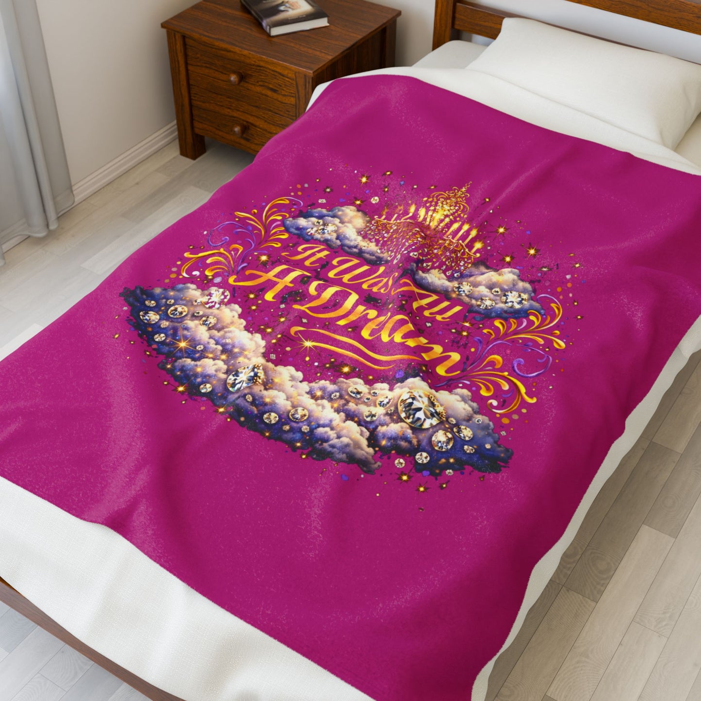 Dreamy Velveteen Plush Blanket - "It Was All A Dream" Cloud & Chandelier Design