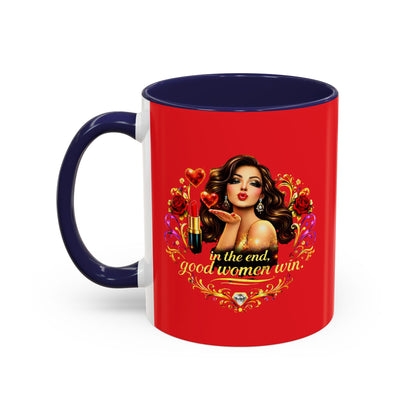 Coffee Mug — "In the End, Good Women Win" BRUNETTE Retro Pin-Up Design