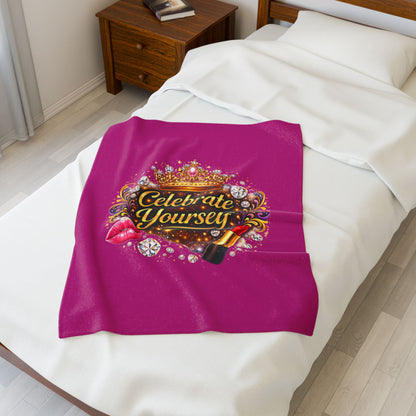 Celebrate Yourself Velveteen Plush Blanket — Glam Crown, Lipstick & Jewel Graphic