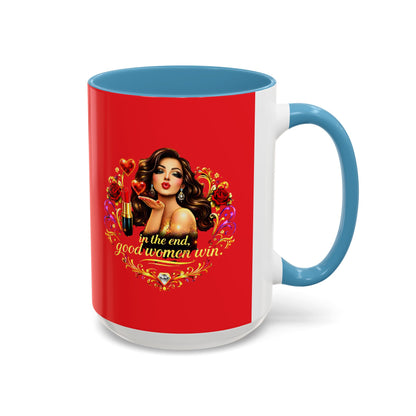 Coffee Mug — "In the End, Good Women Win" BRUNETTE Retro Pin-Up Design