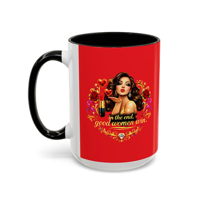 Coffee Mug — "In the End, Good Women Win" BRUNETTE Retro Pin-Up Design