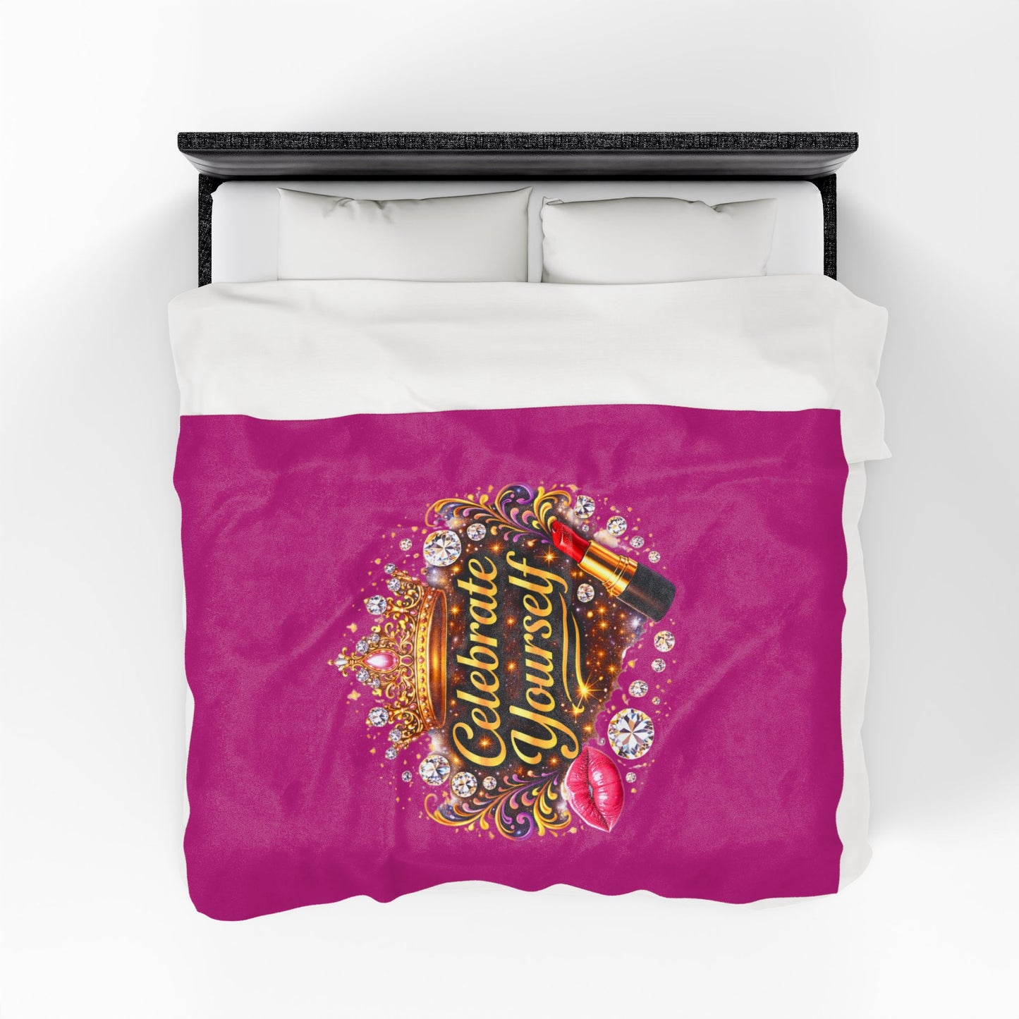 Celebrate Yourself Velveteen Plush Blanket — Glam Crown, Lipstick & Jewel Graphic