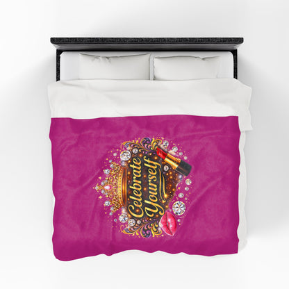 Celebrate Yourself Velveteen Plush Blanket — Glam Crown, Lipstick & Jewel Graphic