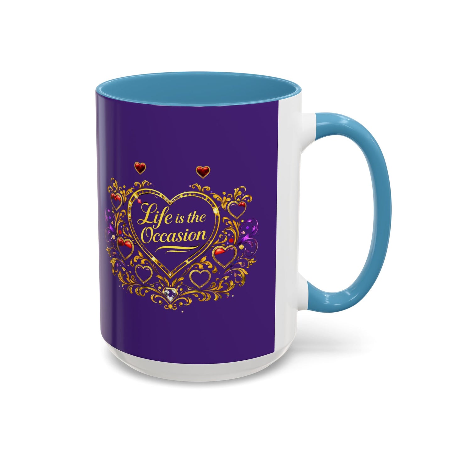 Life Is the Occasion Gold Heart Accent Coffee Mug — Inspirational Purple 11/15oz