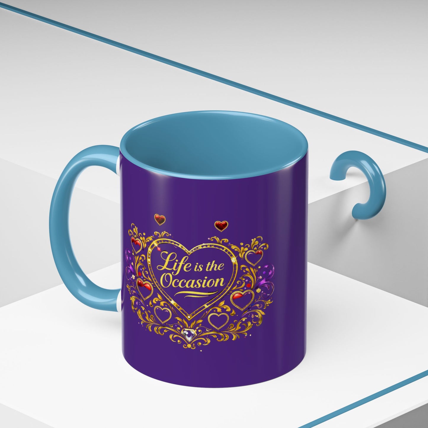 Life Is the Occasion Gold Heart Accent Coffee Mug — Inspirational Purple 11/15oz