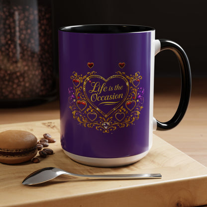 Life Is the Occasion Gold Heart Accent Coffee Mug — Inspirational Purple 11/15oz