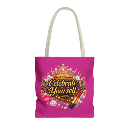 Celebrate Yourself Pink Tote Bag — Crown & Lipstick Glam Aesthetic
