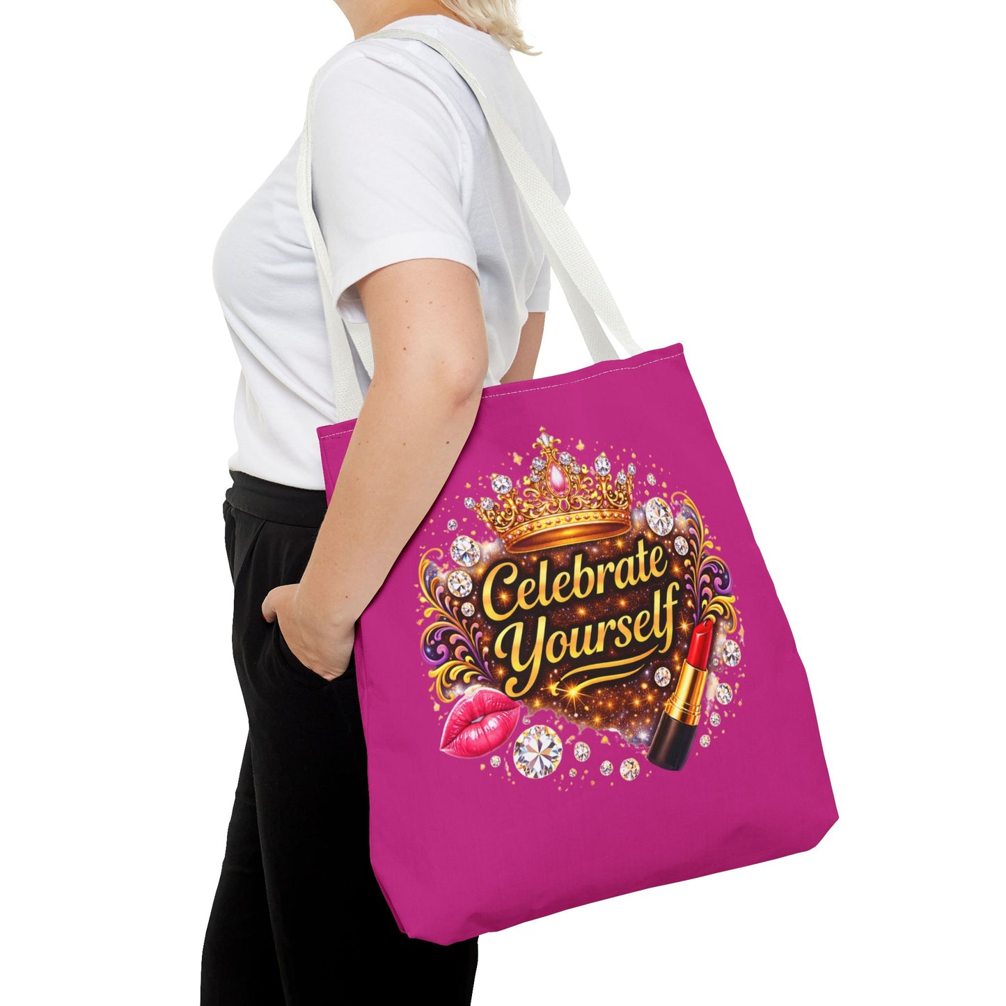 Celebrate Yourself Pink Tote Bag — Crown & Lipstick Glam Aesthetic