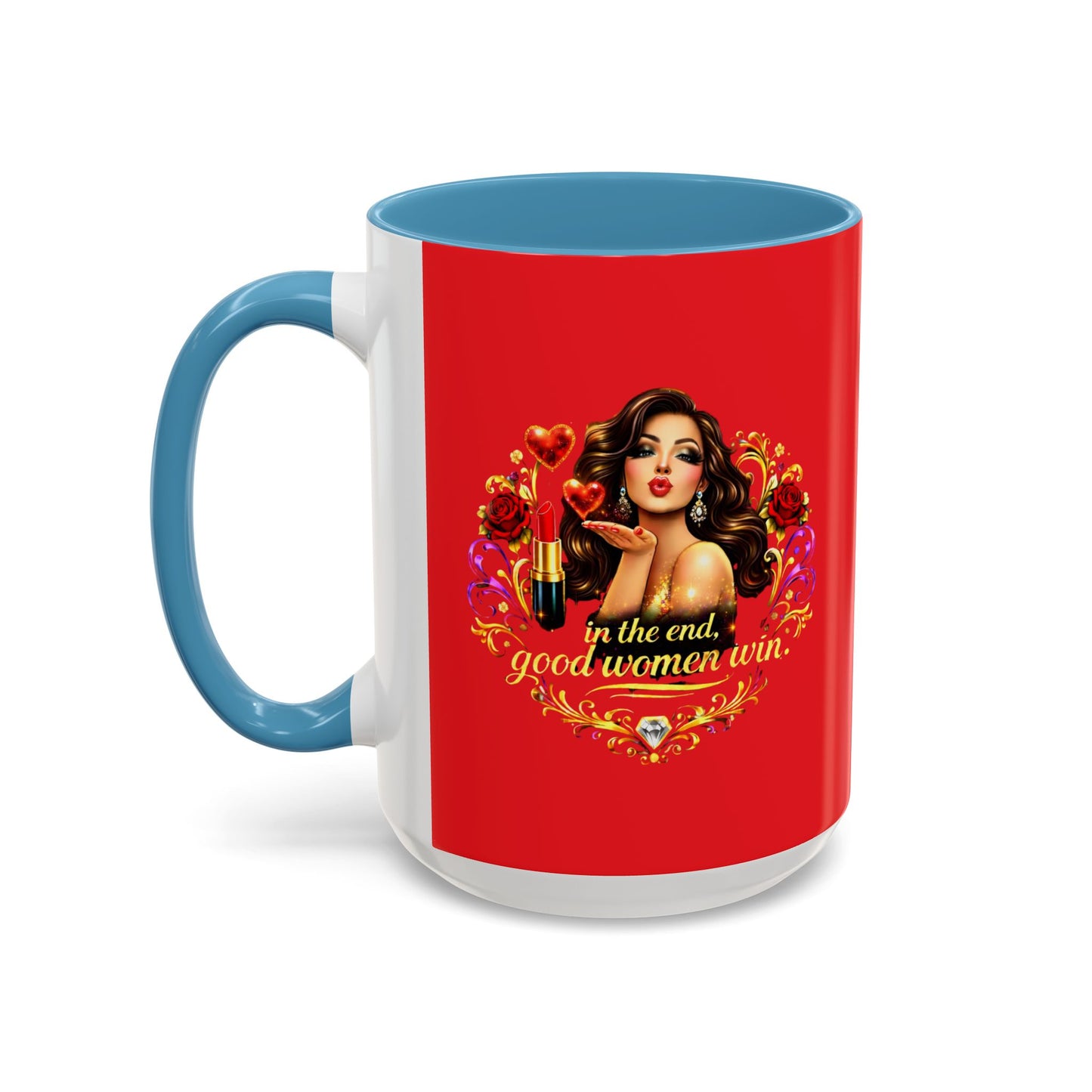 Coffee Mug — "In the End, Good Women Win" BRUNETTE Retro Pin-Up Design