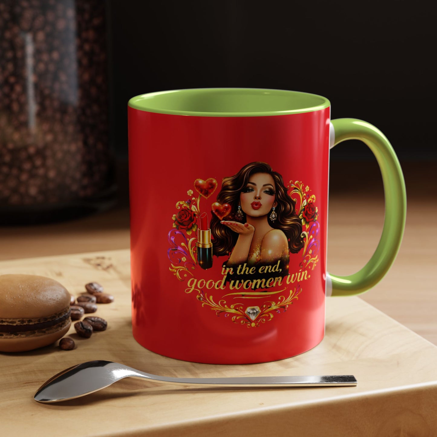 Coffee Mug — "In the End, Good Women Win" BRUNETTE Retro Pin-Up Design