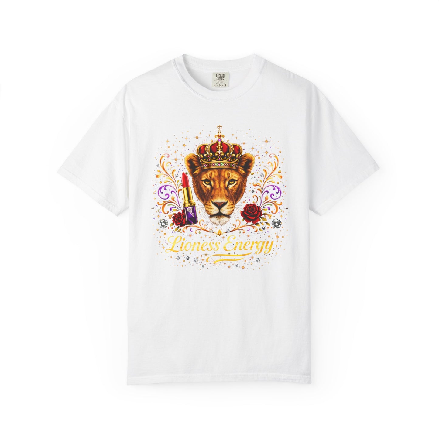 Lioness Crown T-Shirt — Regal Lion Head Graphic with Crown, Rose & 'Lioness Energy'