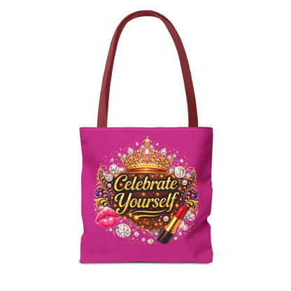 Celebrate Yourself Pink Tote Bag — Crown & Lipstick Glam Aesthetic