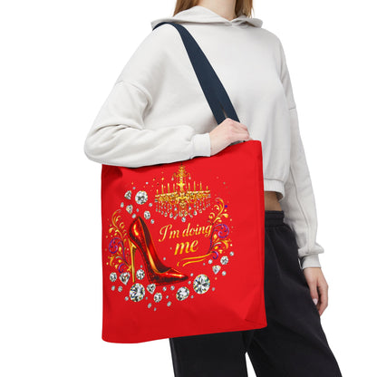 Red 'I'm Doing Me' Tote Bag — Glam High Heel & Chandelier Design