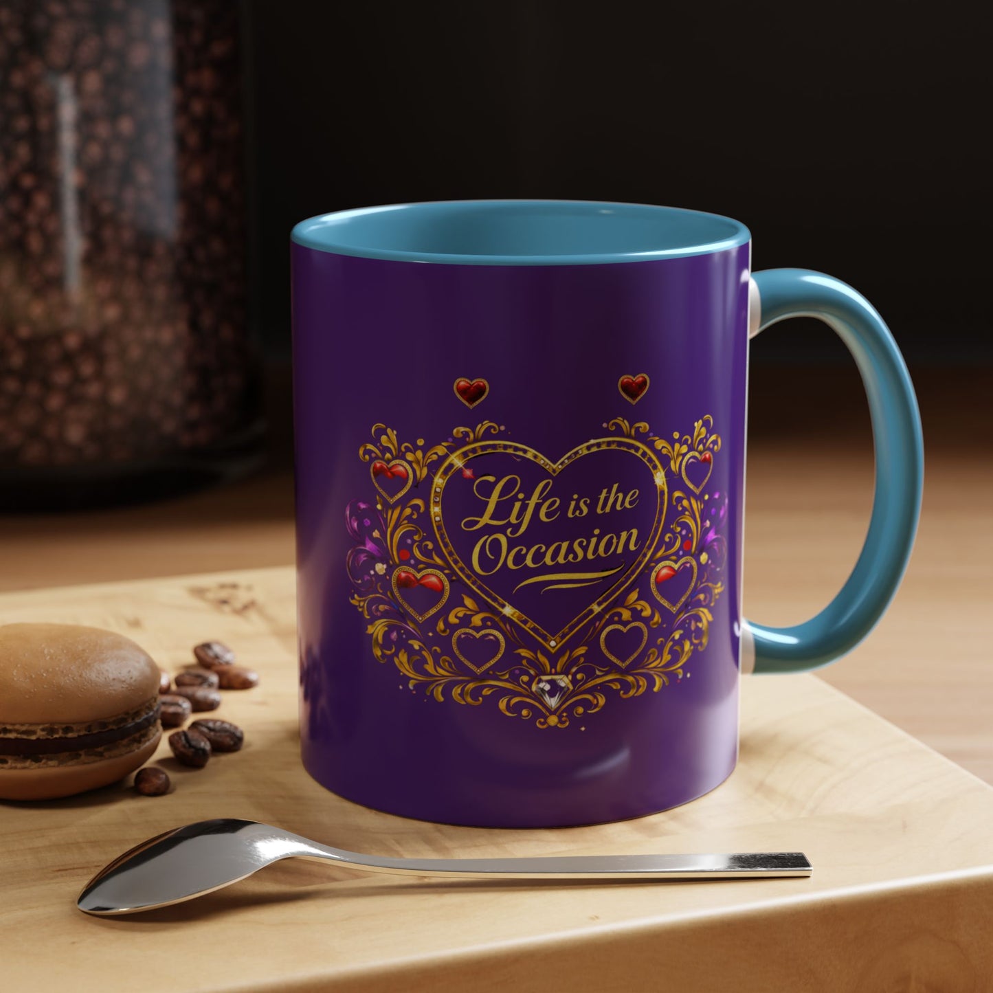 Life Is the Occasion Gold Heart Accent Coffee Mug — Inspirational Purple 11/15oz