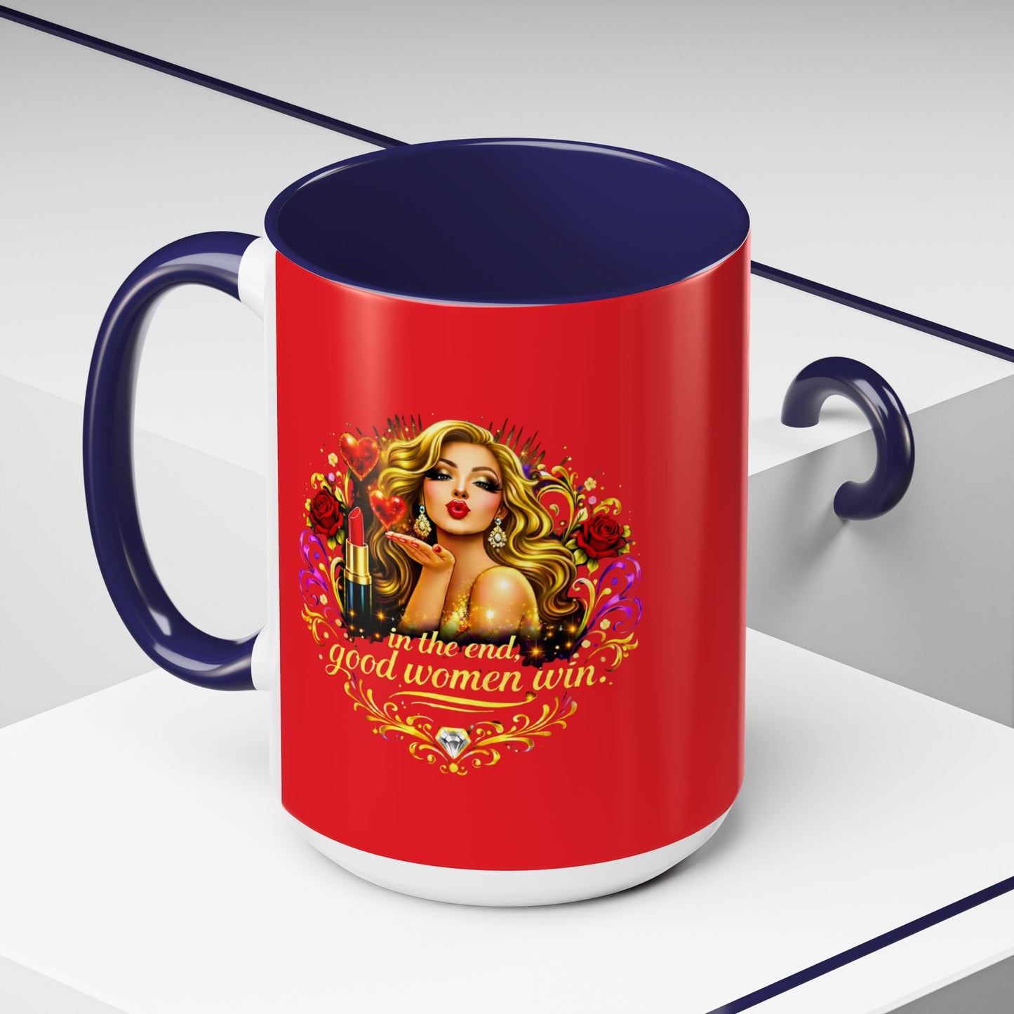Coffee Mug — “In the End, Good Women Win” BLONDE Retro Glam Accent Mug (11/15 oz)