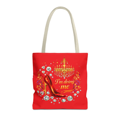 Red 'I'm Doing Me' Tote Bag — Glam High Heel & Chandelier Design