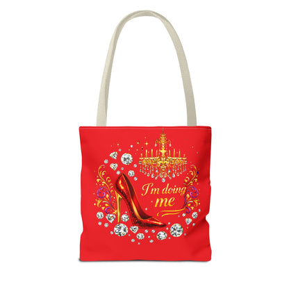 Red 'I'm Doing Me' Tote Bag — Glam High Heel & Chandelier Design