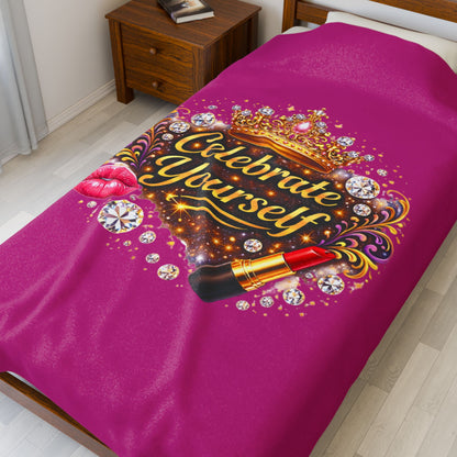 Celebrate Yourself Velveteen Plush Blanket — Glam Crown, Lipstick & Jewel Graphic