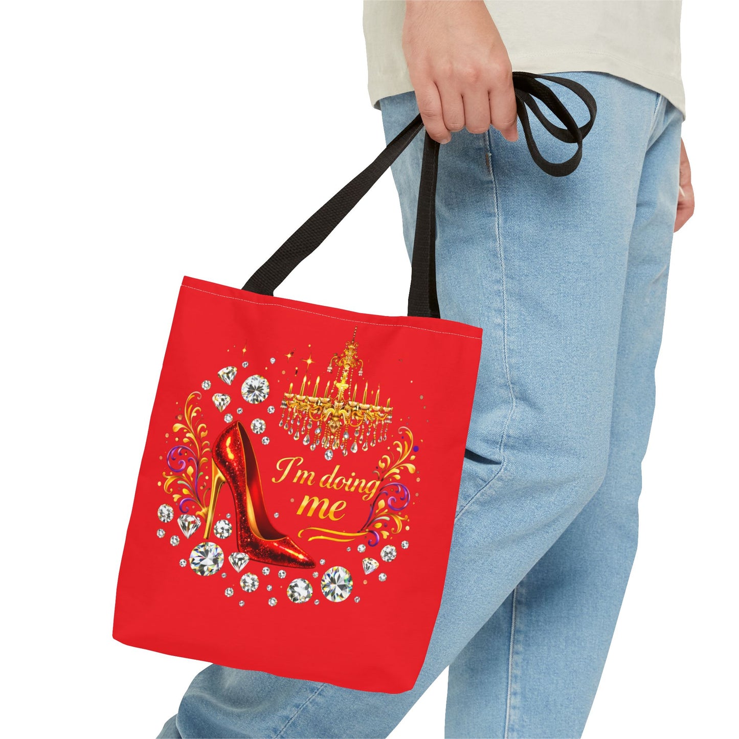 Red 'I'm Doing Me' Tote Bag — Glam High Heel & Chandelier Design