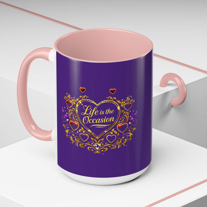Life Is the Occasion Gold Heart Accent Coffee Mug — Inspirational Purple 11/15oz