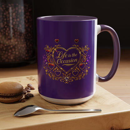 Life Is the Occasion Gold Heart Accent Coffee Mug — Inspirational Purple 11/15oz