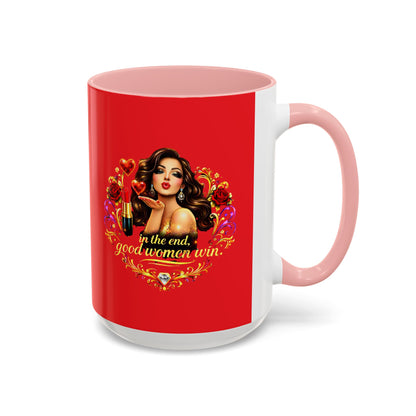 Coffee Mug — "In the End, Good Women Win" BRUNETTE Retro Pin-Up Design
