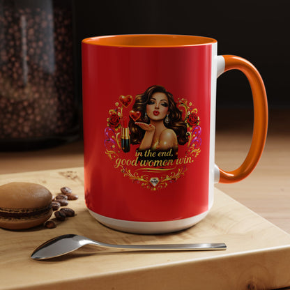 Coffee Mug — "In the End, Good Women Win" BRUNETTE Retro Pin-Up Design
