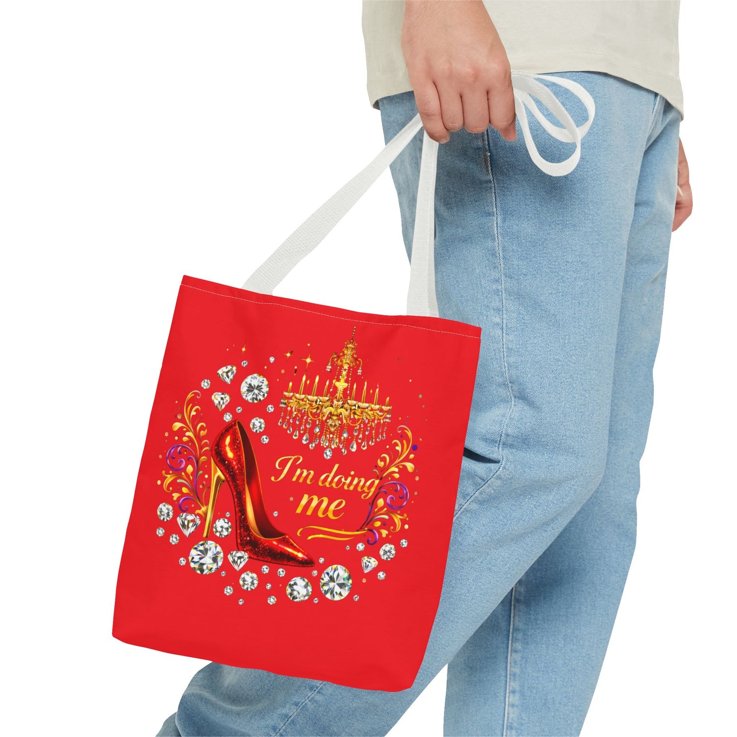 Red 'I'm Doing Me' Tote Bag — Glam High Heel & Chandelier Design