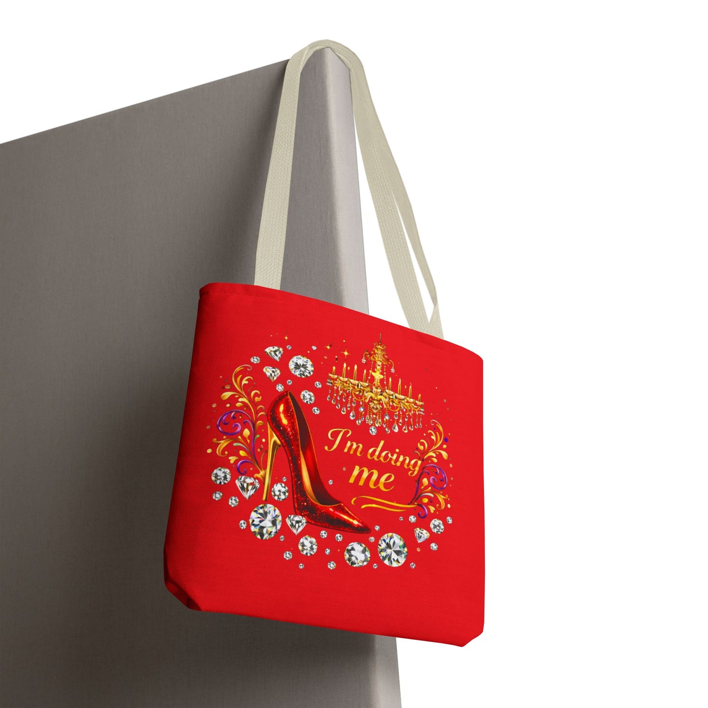 Red 'I'm Doing Me' Tote Bag — Glam High Heel & Chandelier Design