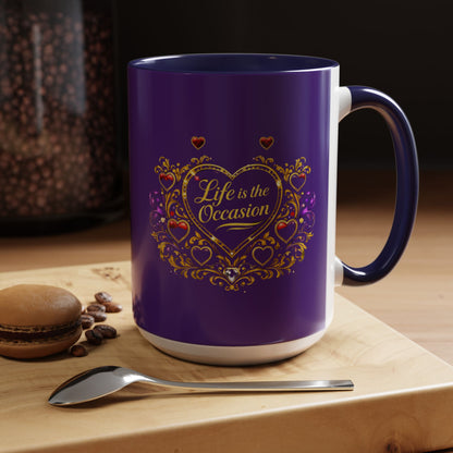 Life Is the Occasion Gold Heart Accent Coffee Mug — Inspirational Purple 11/15oz