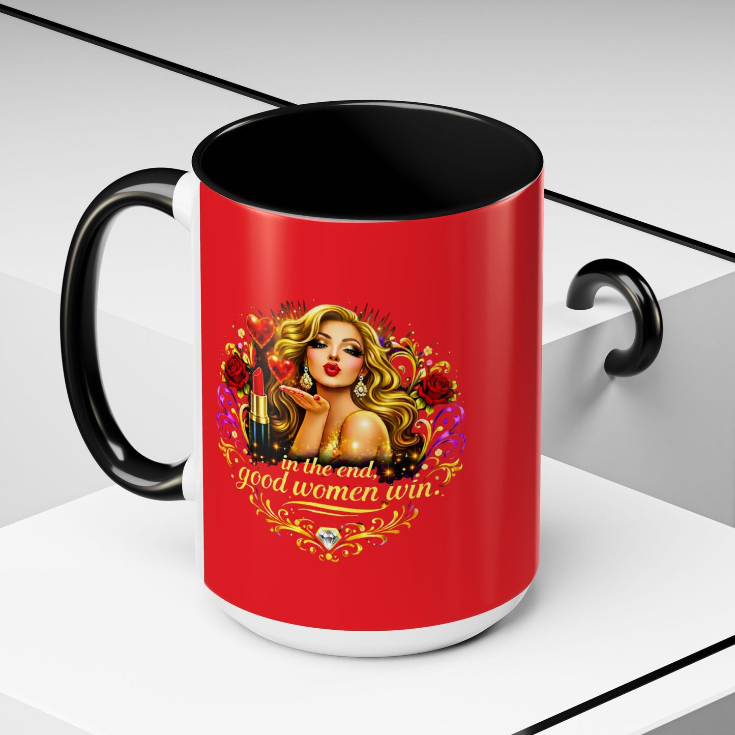 Coffee Mug — “In the End, Good Women Win” BLONDE Retro Glam Accent Mug (11/15 oz)