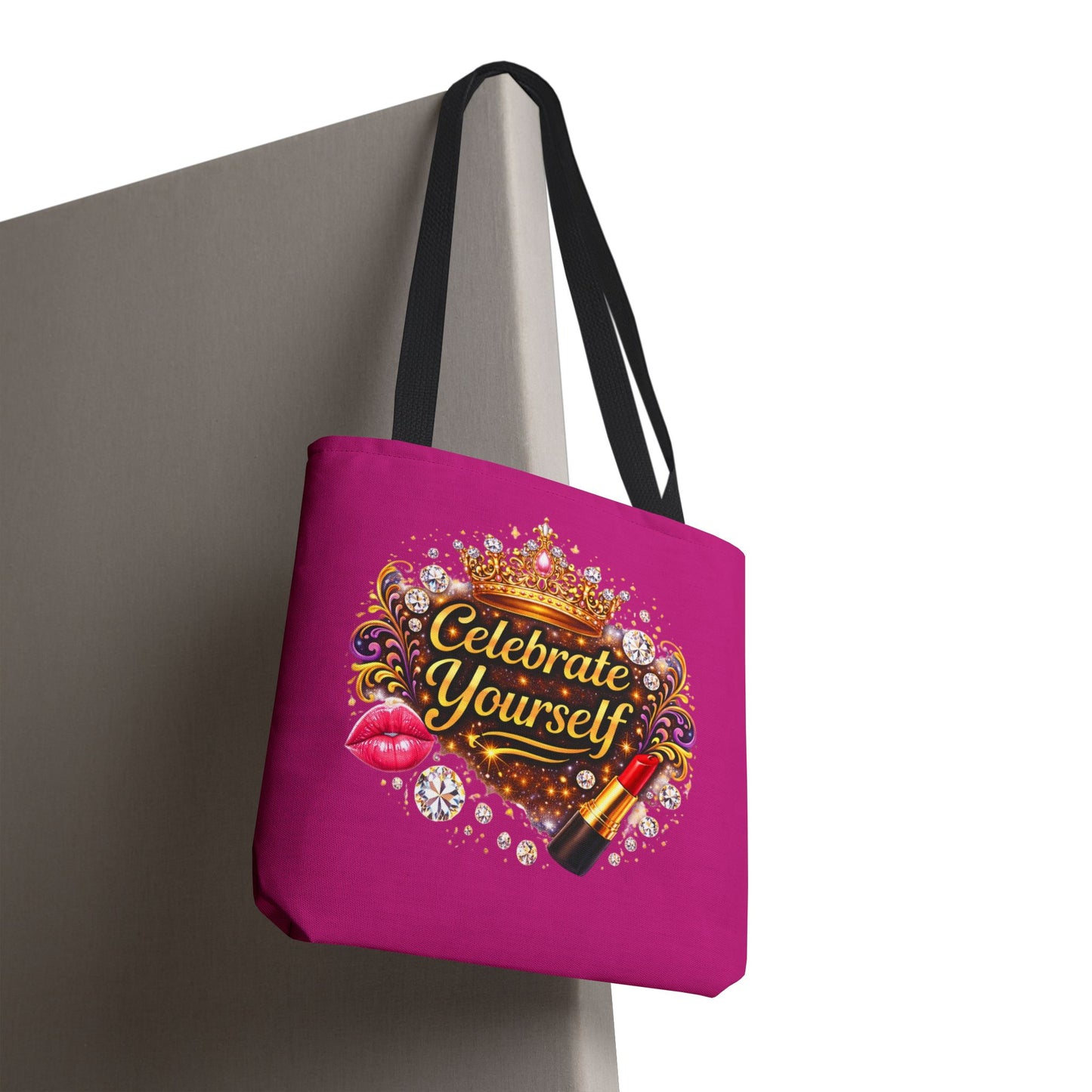 Celebrate Yourself Pink Tote Bag — Crown & Lipstick Glam Aesthetic