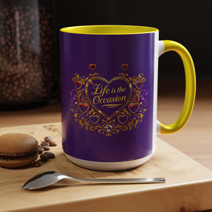 Life Is the Occasion Gold Heart Accent Coffee Mug — Inspirational Purple 11/15oz