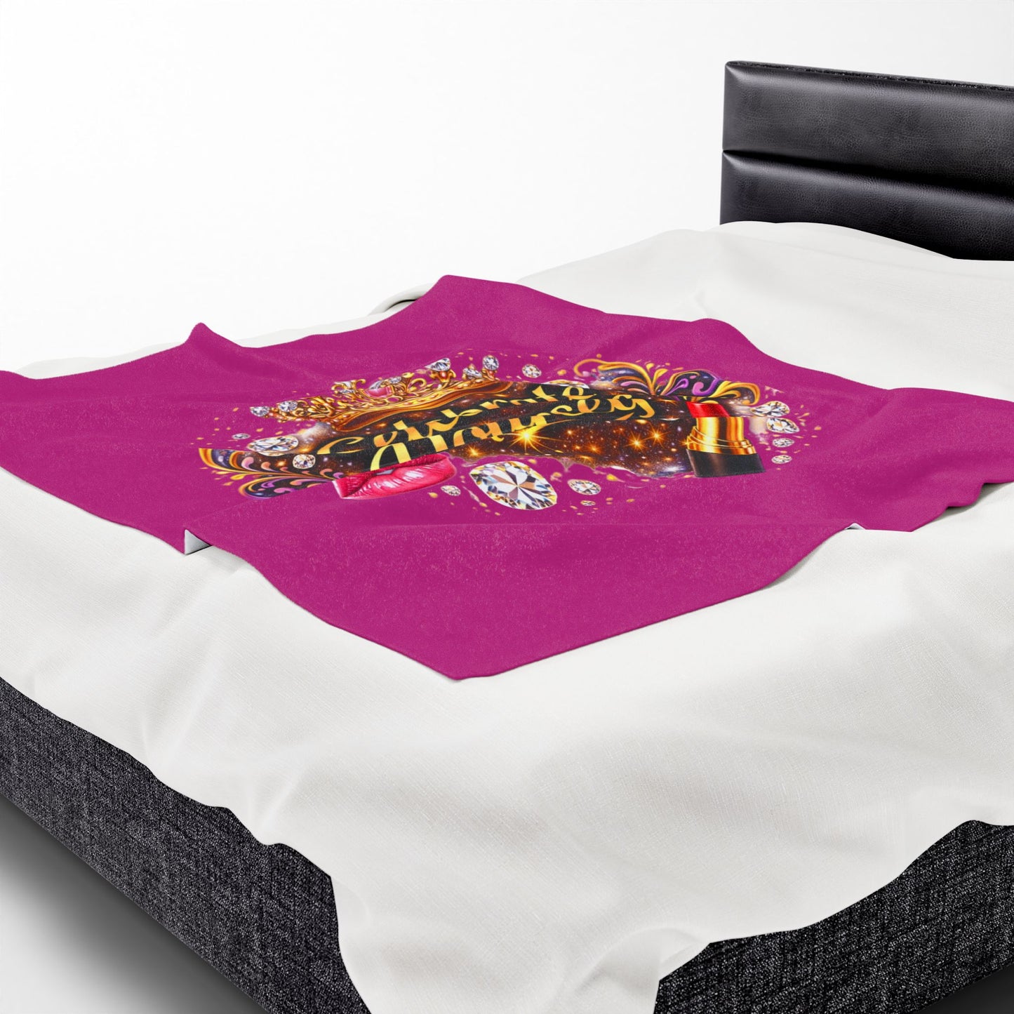 Celebrate Yourself Velveteen Plush Blanket — Glam Crown, Lipstick & Jewel Graphic