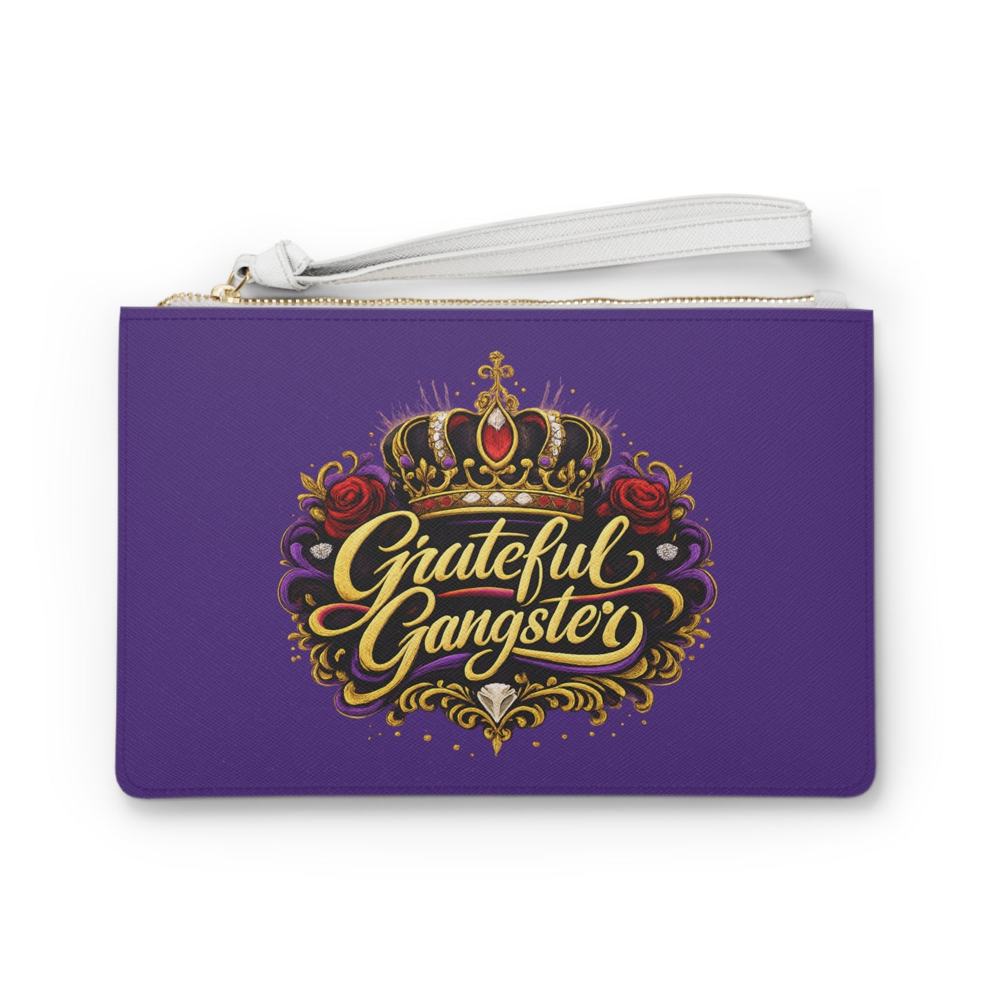 Grateful Gangster Clutch Bag — Purple Wristlet with Crown & Rose Graphic
