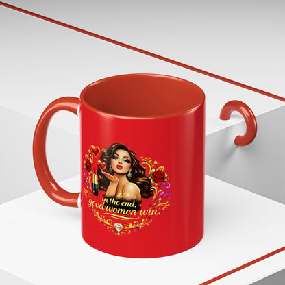 Coffee Mug — "In the End, Good Women Win" BRUNETTE Retro Pin-Up Design