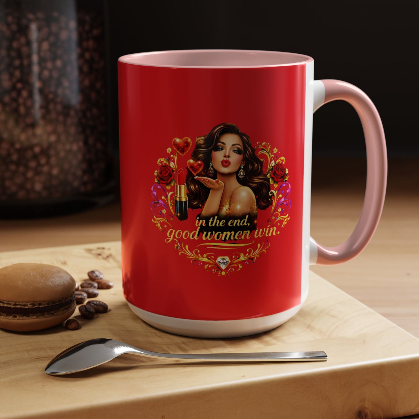 Coffee Mug — "In the End, Good Women Win" BRUNETTE Retro Pin-Up Design