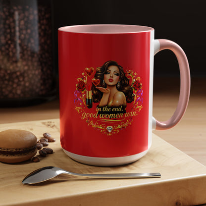 Coffee Mug — "In the End, Good Women Win" BRUNETTE Retro Pin-Up Design