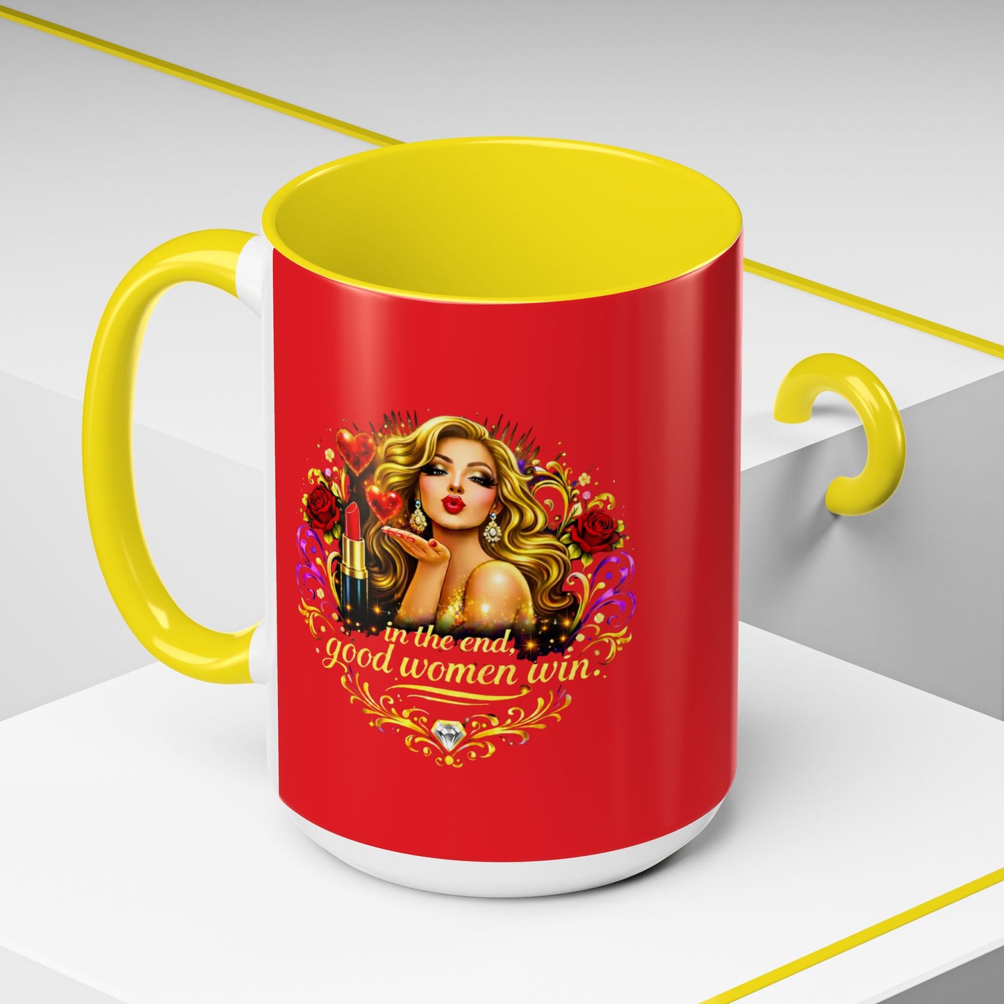 Coffee Mug — “In the End, Good Women Win” BLONDE Retro Glam Accent Mug (11/15 oz)