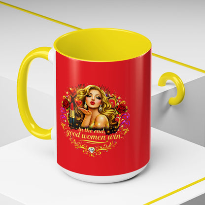 Coffee Mug — “In the End, Good Women Win” BLONDE Retro Glam Accent Mug (11/15 oz)