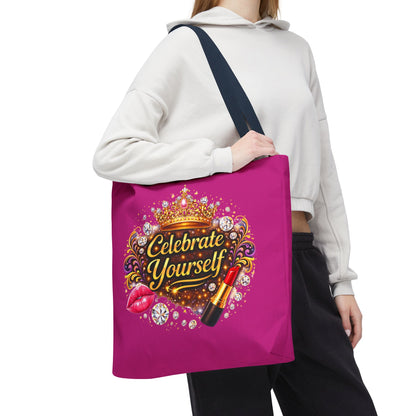 Celebrate Yourself Pink Tote Bag — Crown & Lipstick Glam Aesthetic