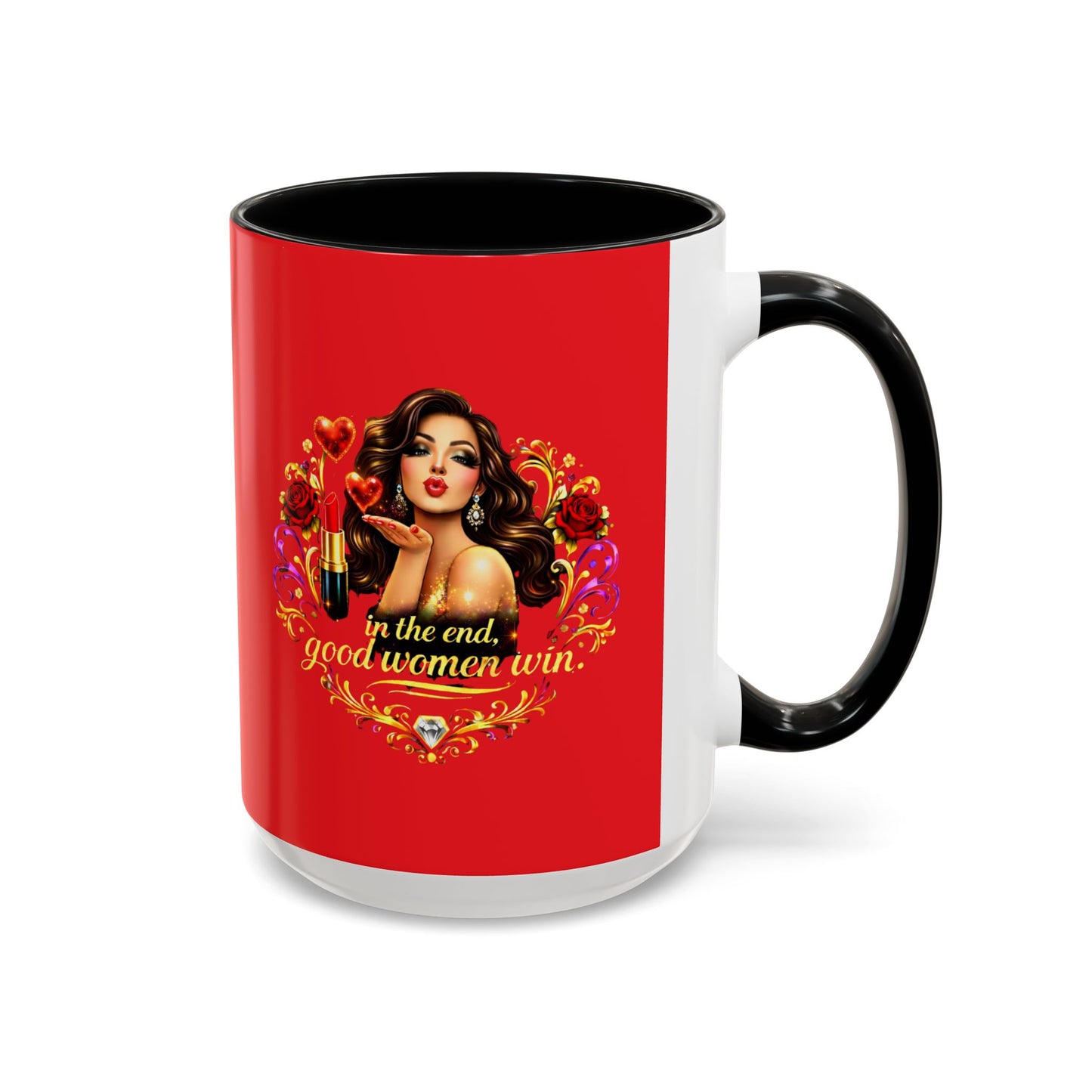 Coffee Mug — "In the End, Good Women Win" BRUNETTE Retro Pin-Up Design