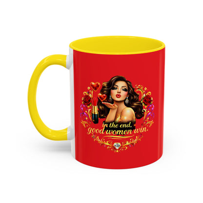 Coffee Mug — "In the End, Good Women Win" BRUNETTE Retro Pin-Up Design