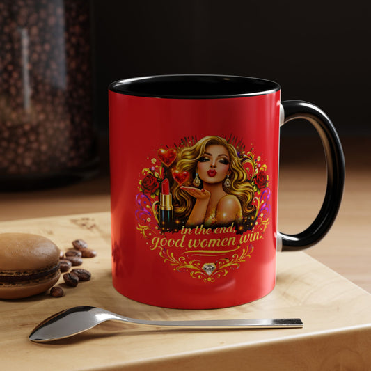 Coffee Mug — “In the End, Good Women Win” BLONDE Retro Glam Accent Mug (11/15 oz)