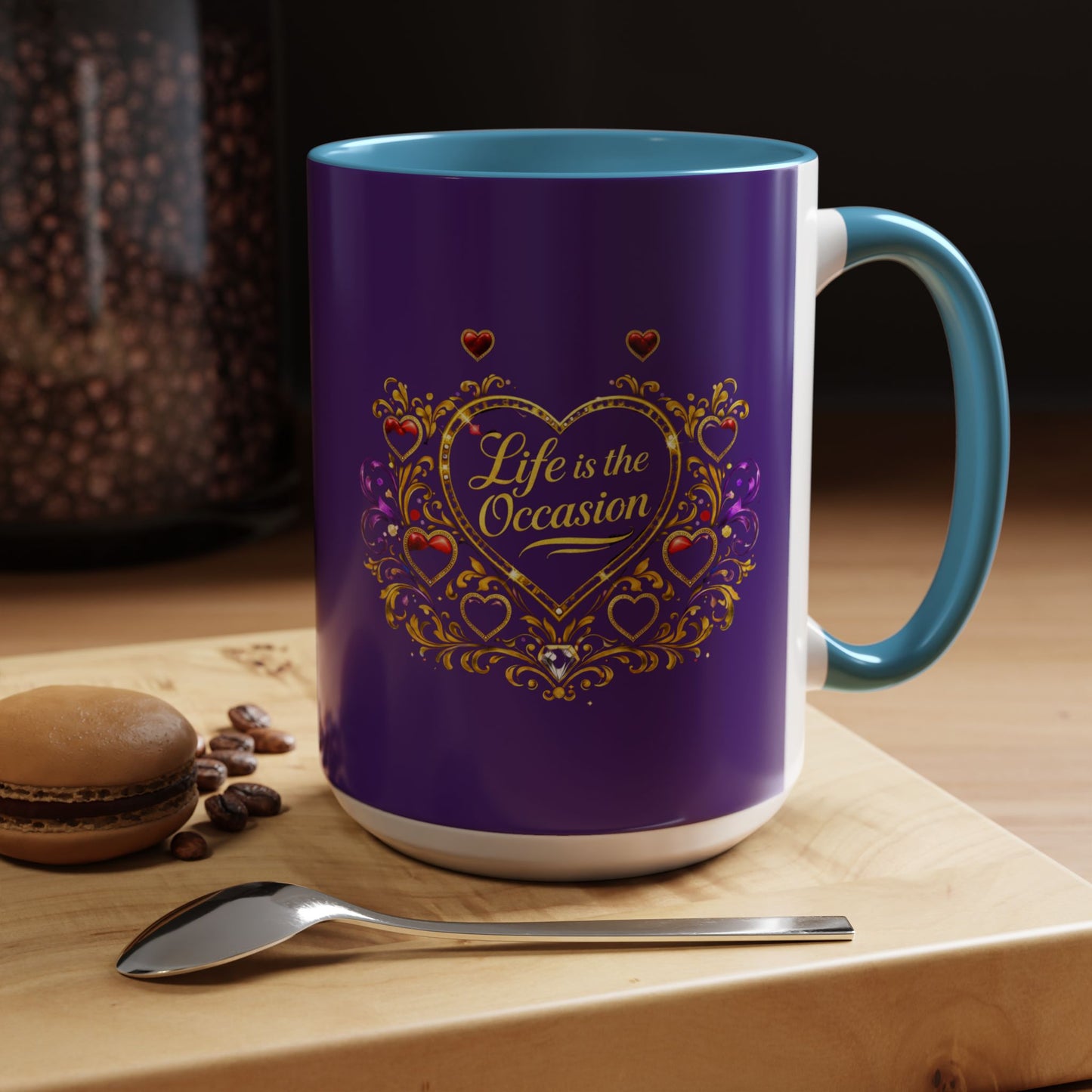 Life Is the Occasion Gold Heart Accent Coffee Mug — Inspirational Purple 11/15oz