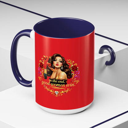 Coffee Mug — "In the End, Good Women Win" BRUNETTE Retro Pin-Up Design