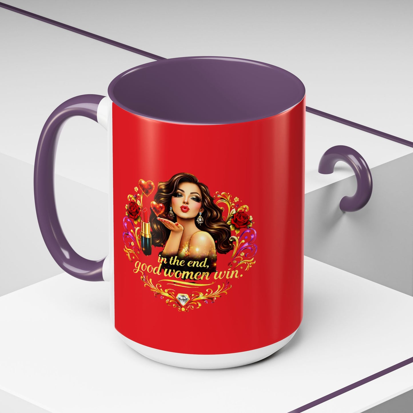Coffee Mug — "In the End, Good Women Win" BRUNETTE Retro Pin-Up Design