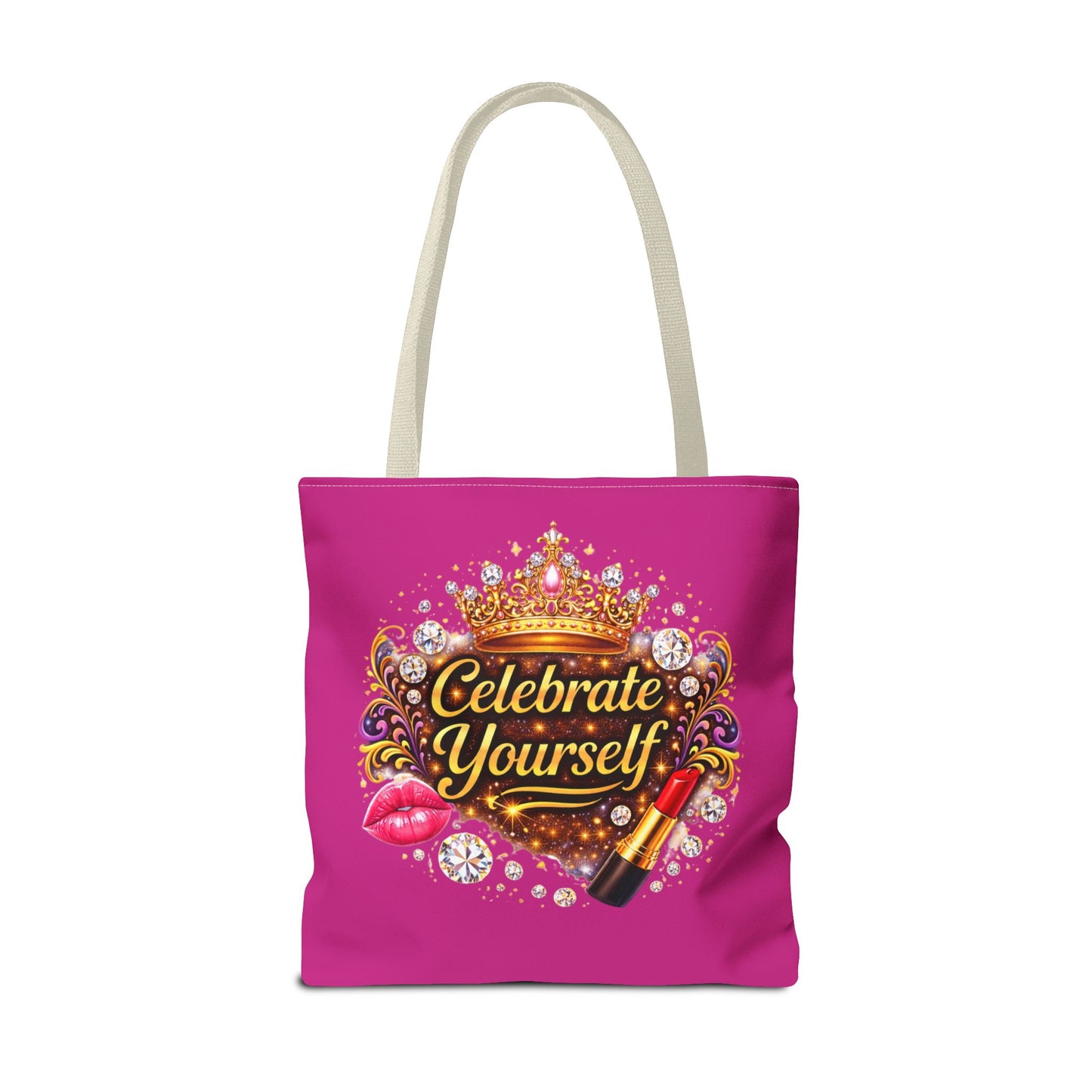 Celebrate Yourself Pink Tote Bag — Crown & Lipstick Glam Aesthetic